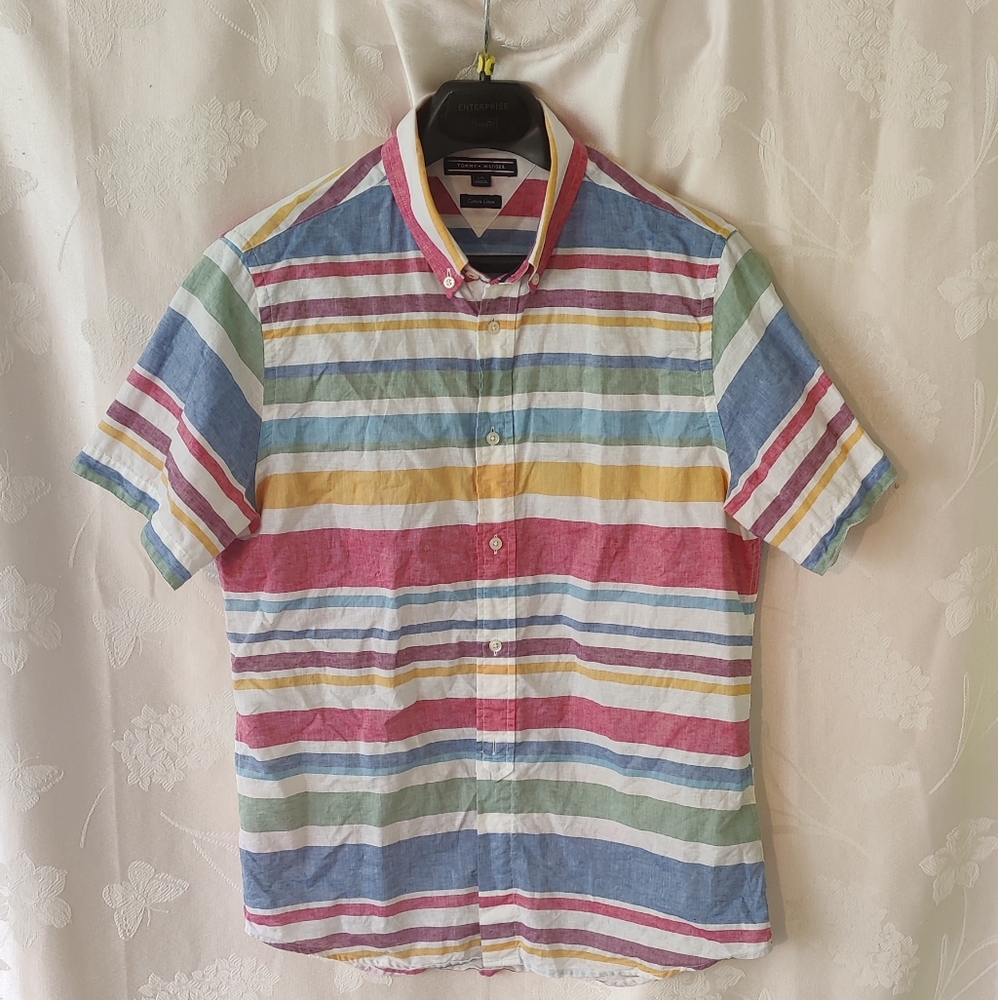 Tommy Hilfiger cotton linen button up short sleeve shirt slim fit